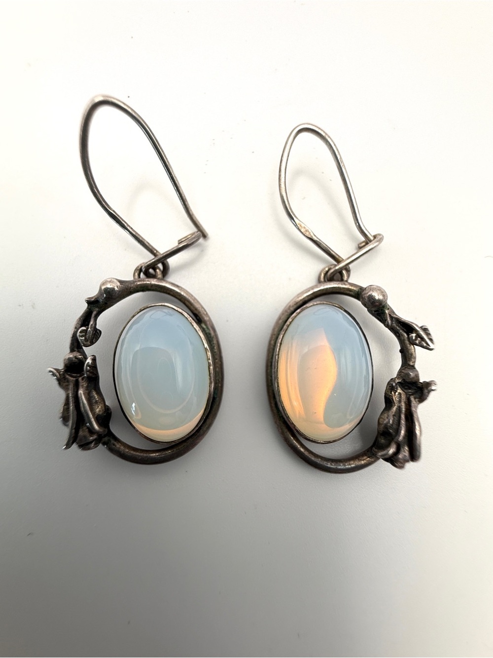 Antique 925 Sterling Silver Moonstone Art Nouveau Earrings